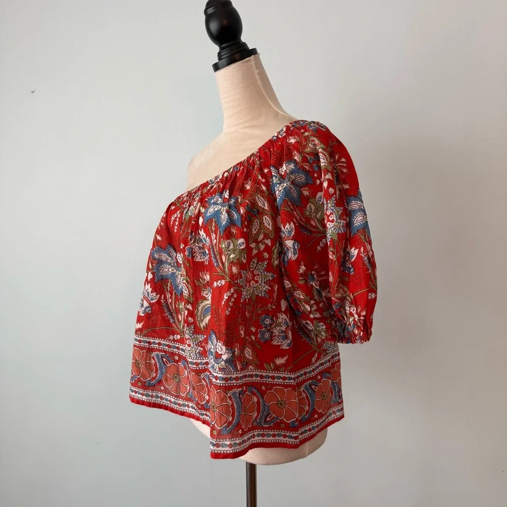 ❤️ Velvet by Graham & Spencer One Shoulder Boho Floral Blouse Red Cotton Top XS - Picture 4 of 11